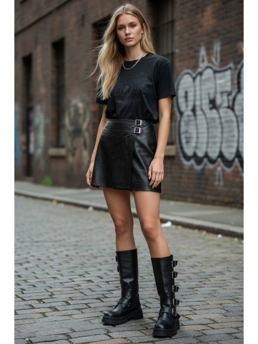 Allure Real Leather Buckle Mini Skirt XL Black Moto Biker Steampunk Gothic Grung